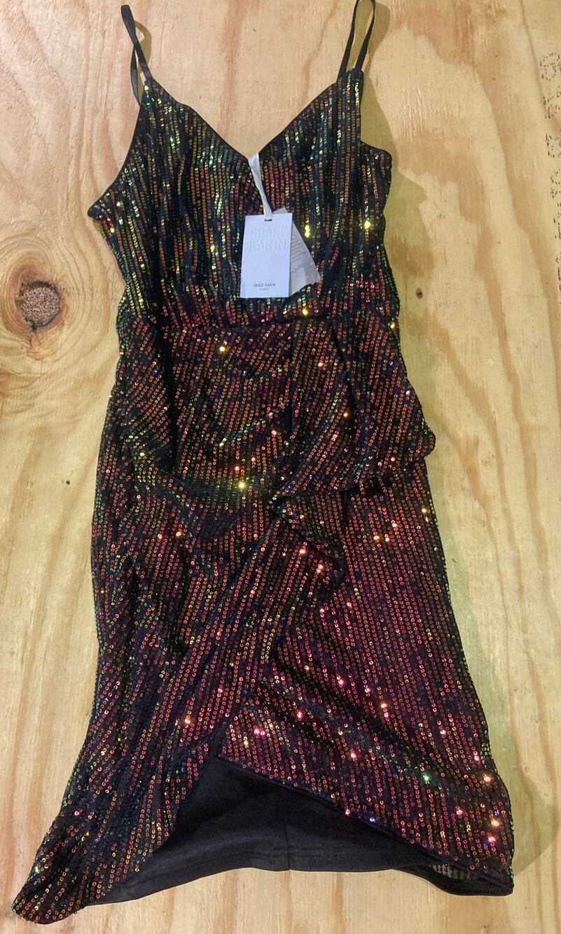 Grace Karin Women's Medium Iridescent Sequin Sleeveless Faux Wrap Dress
